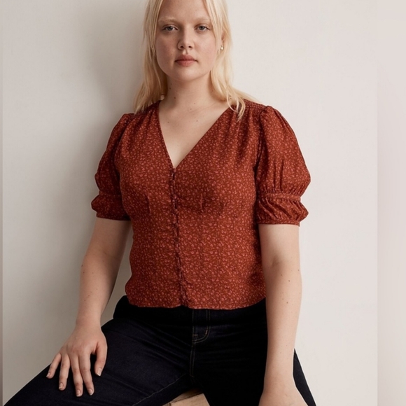 Madewell Rust Floral Puff Sleeve Top - Picture 1 of 5